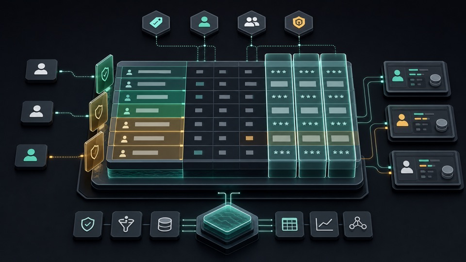 Isometric governed table showing row-level access bands, masked columns, policy shields, tags, and owner control panels.