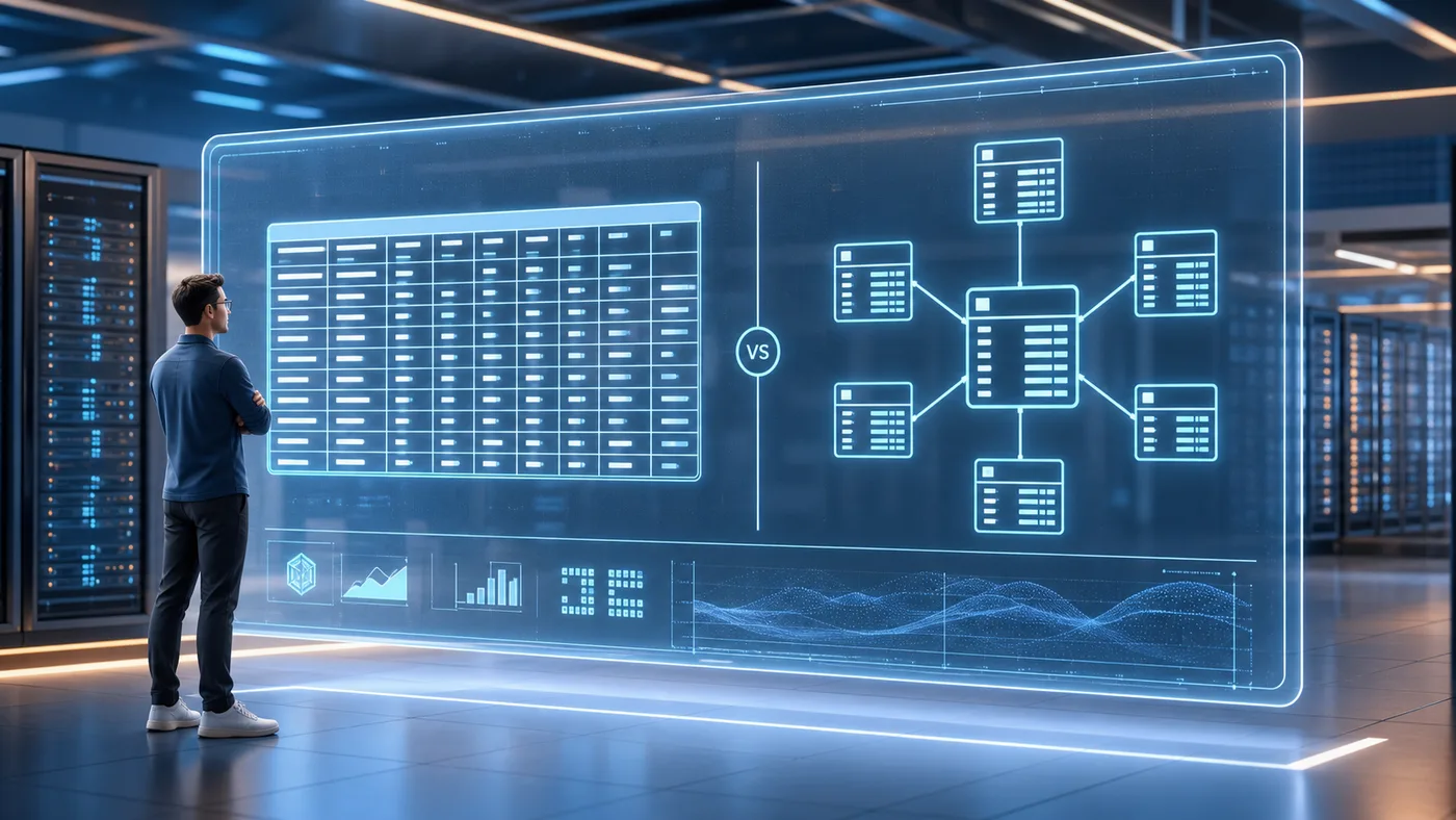 A data architect comparing a wide table and a dimensional star model on a holographic warehouse design board.