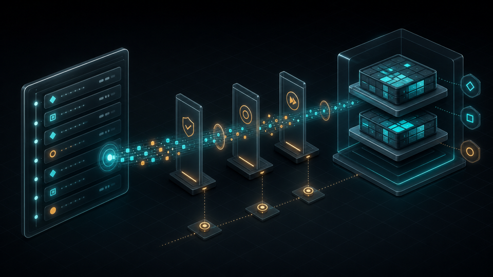 Isometric data architecture cover showing ordered change events flowing from a transaction log through checkpoints into governed lakehouse tables.
