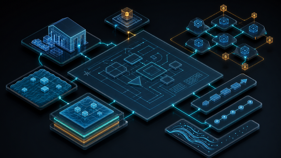 Isometric data architecture blueprint connecting platform blocks, ownership nodes, model grids, and decision paths.