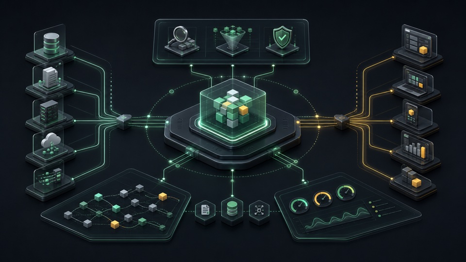 Isometric data platform operating board showing a central data product connected to sources, quality checks, governance controls, monitoring, and consumers.