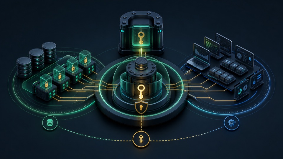 Layered data platform vault showing data-key capsules, a central key boundary, and separated storage and workload zones.