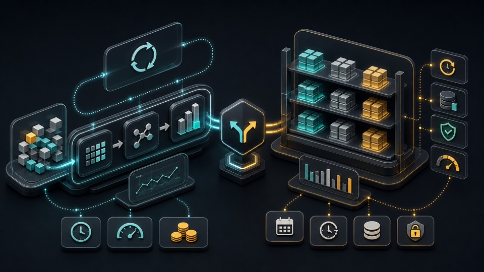 Isometric data architecture cover showing a repeated recomputation loop, decision gateway, and shelves of precomputed analytical inventory.