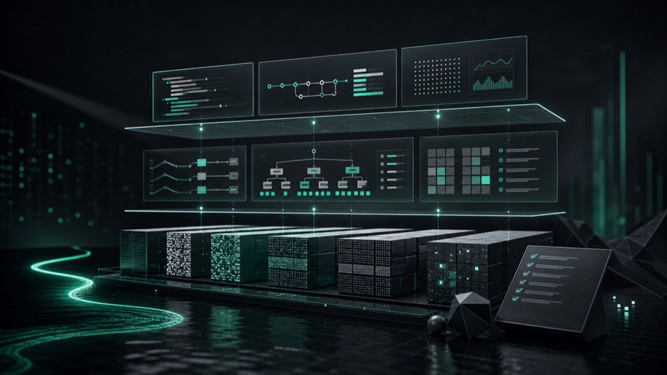 Abstract lakehouse control room with metadata layers, storage blocks, and operating panels for open table format decisions.