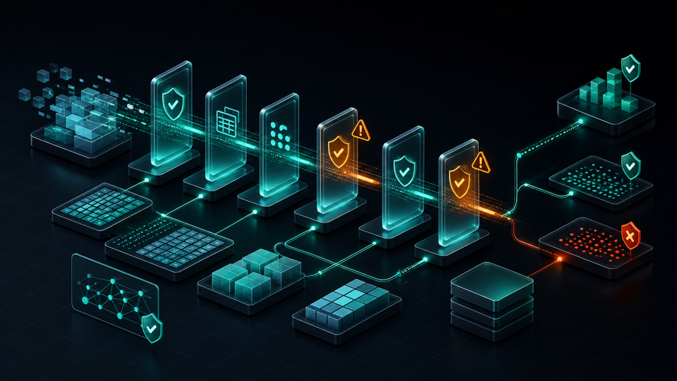 Isometric data pipeline with glowing validation checkpoints and abstract quality gates on a dark charcoal background.