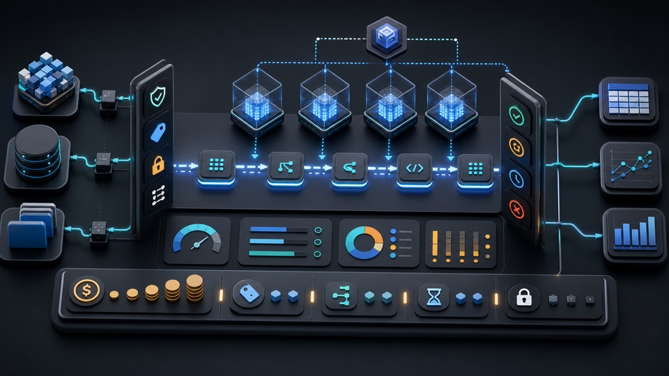 Isometric serverless data engineering workflow showing on-demand compute nodes, cost meters, policy gates, monitoring panels, and recovery controls.